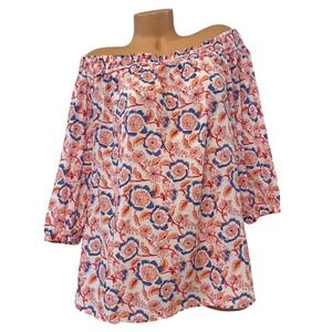 Vineyard Vines Womens LARGE Floral Off Shoulder Blouse Red Blue White 3/4 Sleeve
